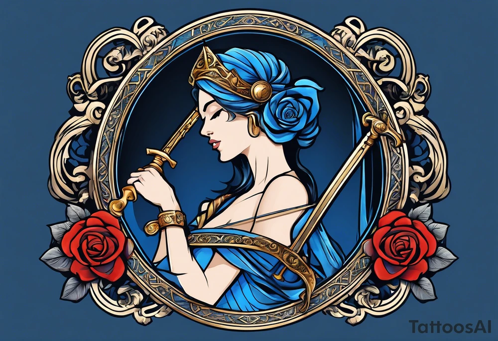 ancient rome clothes women, with Libra in one hand and a sword in the other, blue rose frames, justicia tattoo idea