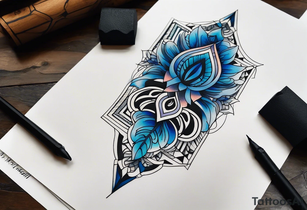 semi Detailed neo traditional knee tattoo flat on paper. The tattoo features geometric patterns and bold lines, creating a visually striking design with slight tints of deep fall colors. The background 
outside the tattoo features deep blues washes and water swirls tattoo idea