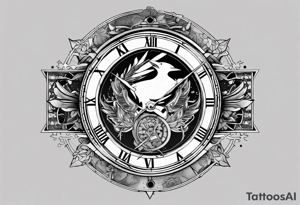 the word ganbatte in japanse combined with the watch from the anime full metal alchemist and a crow from the anime haikyuu tattoo idea