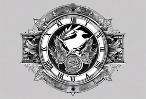 the word ganbatte in japanse combined with the watch from the anime full metal alchemist and a crow from the anime haikyuu tattoo idea