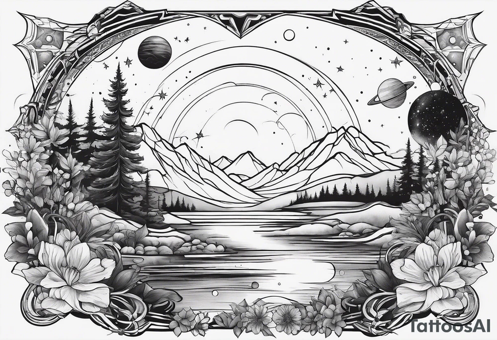line art of space and nature tattoo idea