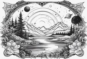 line art of space and nature tattoo idea