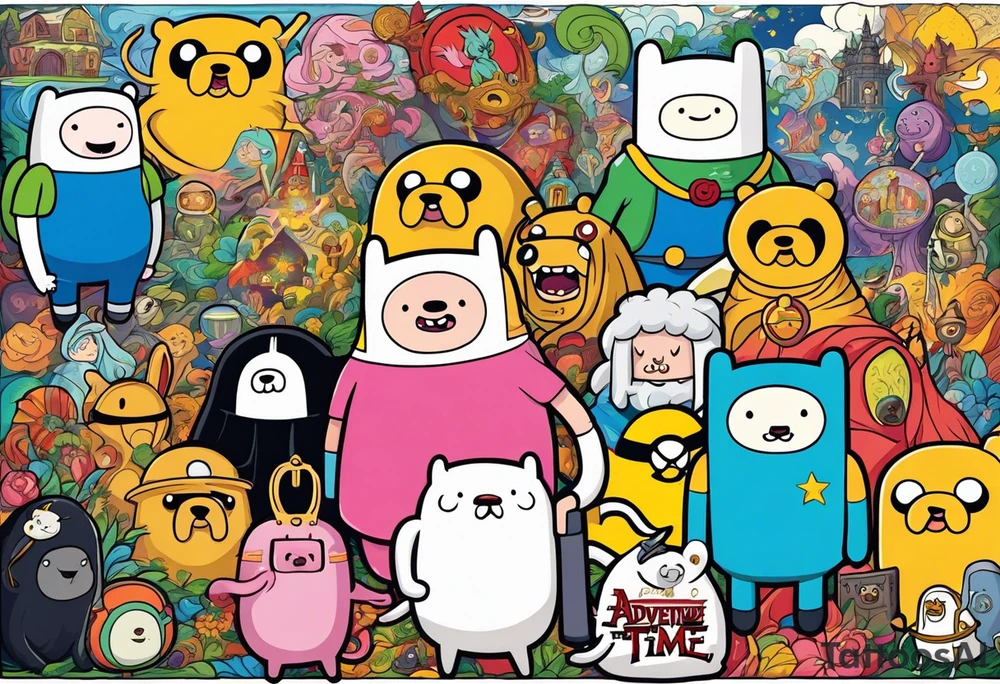 Full sleeve with adventure Time Characters tattoo idea