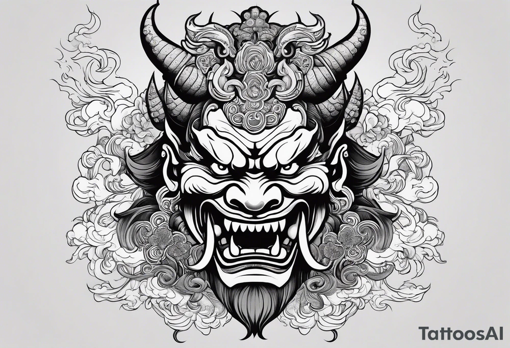 Japanese oni demon facing half sideways with subtle smoke coming out its mouth. With some Japanese cultural things surrounding it tattoo idea