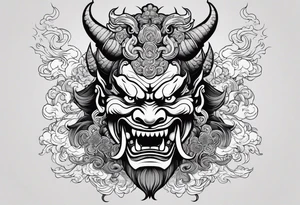 Japanese oni demon facing half sideways with subtle smoke coming out its mouth. With some Japanese cultural things surrounding it tattoo idea