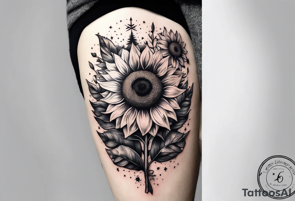 sunflower surrounded with little stars, tree and arrow tattoo idea