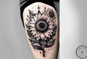 sunflower surrounded with little stars, tree and arrow tattoo idea