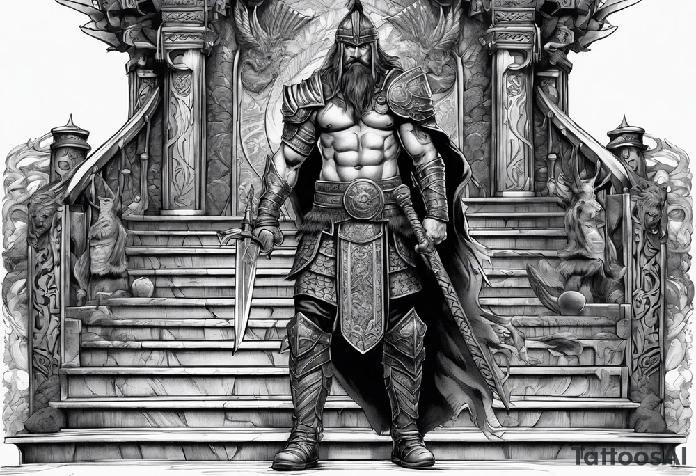 The warrior is standing in front of the staircase that leads to the gate to the valhalla. tattoo idea