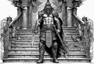 The warrior is standing in front of the staircase that leads to the gate to the valhalla. tattoo idea