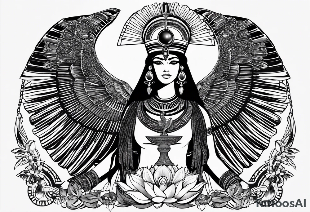 black and white Egyptian goddess Isis, who is often depicted as a woman with outstretched wings, holding an ankh (a symbol of life) in one hand and a lotus flower in the other. Her headdress often includes a throne or a solar disk. The tattoo design can vary in style and size, but it typically aims to capture the essence of this revered Egyptian deity, emphasizing her beauty, power, and maternal qualities. The choice of colors and additional elements can also be customized to create a unique and visually striking representation of the goddess Isis tattoo idea