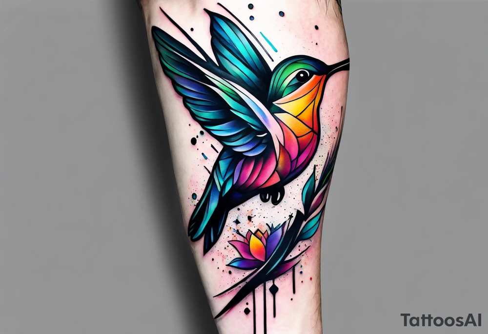 large forearm tattoo with lines, splatters, abstract shapes, very colorful add hummingbird. open space. tattoo idea