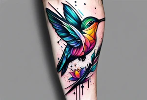large forearm tattoo with lines, splatters, abstract shapes, very colorful add hummingbird. open space. tattoo idea