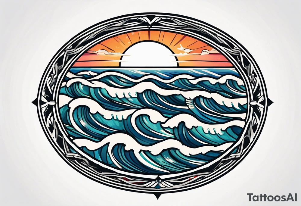 vintage traditional tattoo of waves 
within a circle and banner across bottom tattoo idea
