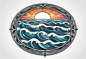 vintage traditional tattoo of waves 
within a circle and banner across bottom tattoo idea