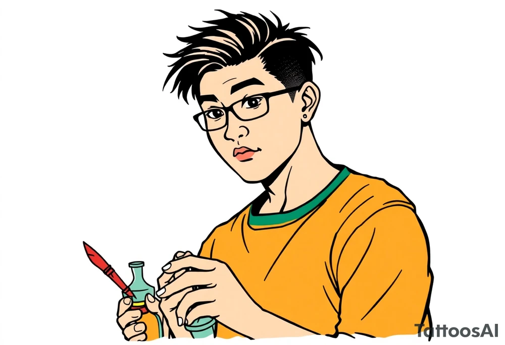 Handsome Asian young adult guy is  accidentally stumbled upon witch tools, supplies, artifacts, potions and exploring it curiously tattoo idea