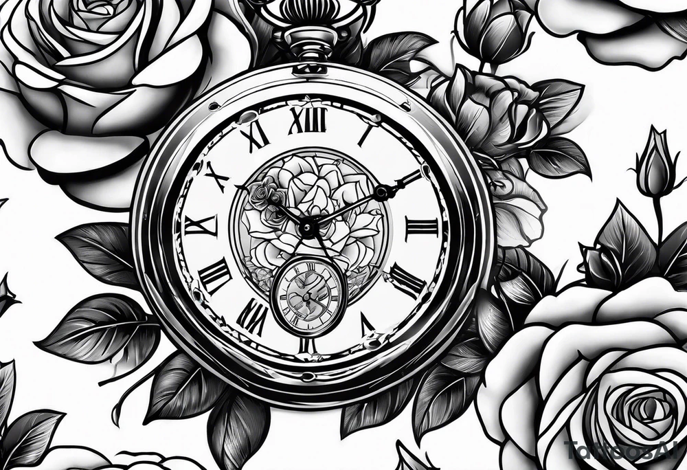 Pocket watch with chain and roses tattoo idea