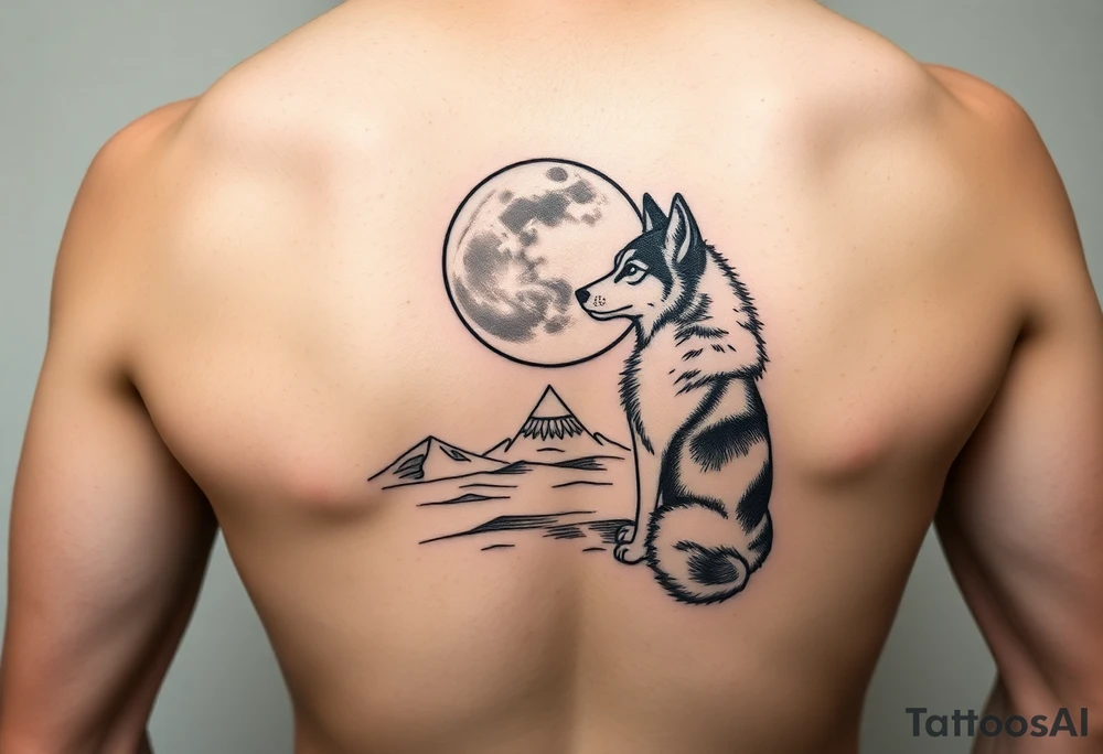 smALL HUSKY LOOKING AT A TRIBAL MOON STANDONG IN THE SAND tattoo idea