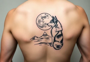 smALL HUSKY LOOKING AT A TRIBAL MOON STANDONG IN THE SAND tattoo idea