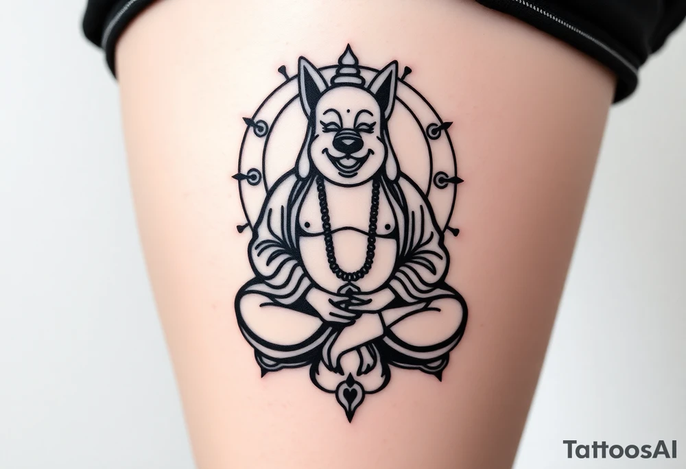 Meditating fat Buddha with happy dog head tattoo idea