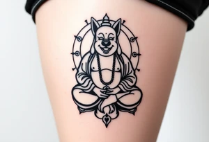 Meditating fat Buddha with happy dog head tattoo idea