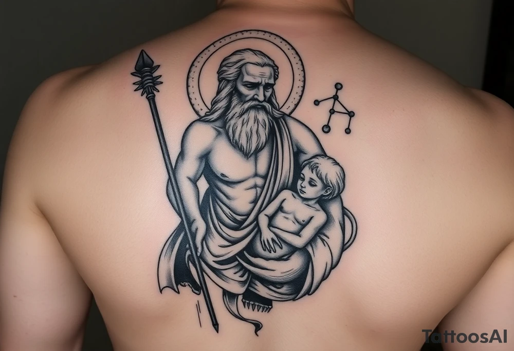a tattoo design of the Greek God Saturn but older and nearly dying holding his spear, in his other arms cradling a twin dying younger version of himself. The gemini constellation is in the background behind the Saturn Gods. Long vertical form as this will be on a thigh - Incorperate the saturn astrology symbol tattoo idea