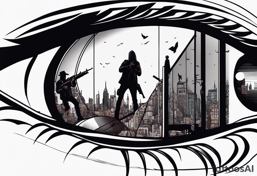 In the reflection of a eye two black siloets of people holding guns one man dead on the ground with a wounded woman standing behind him tattoo idea