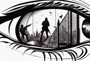 In the reflection of a eye two black siloets of people holding guns one man dead on the ground with a wounded woman standing behind him tattoo idea