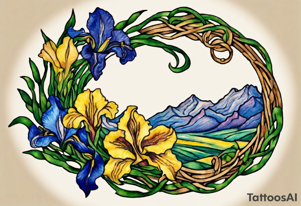 Create a small, delicate colorful Vincent van Gogh Irises tattoo in the form of a crescent, with vines or Celtic knots gracefully intertwining at a central point in the middle of the wreath.  In the middle of the wreath are mountains and other items found in New Mexico. Ensure that the design avoids the appearance of a bush and maintains a more structured and deliberate arrangement. The intended placement is on the upper chest. The overall design should be small in size while maintaining a delicate and artistic aesthetic. Pay attention to the graceful flow of the vines and the placement of the irises to achieve a refined and elegant look. Has to cover 2 by 4 inches wing tattoos tattoo idea