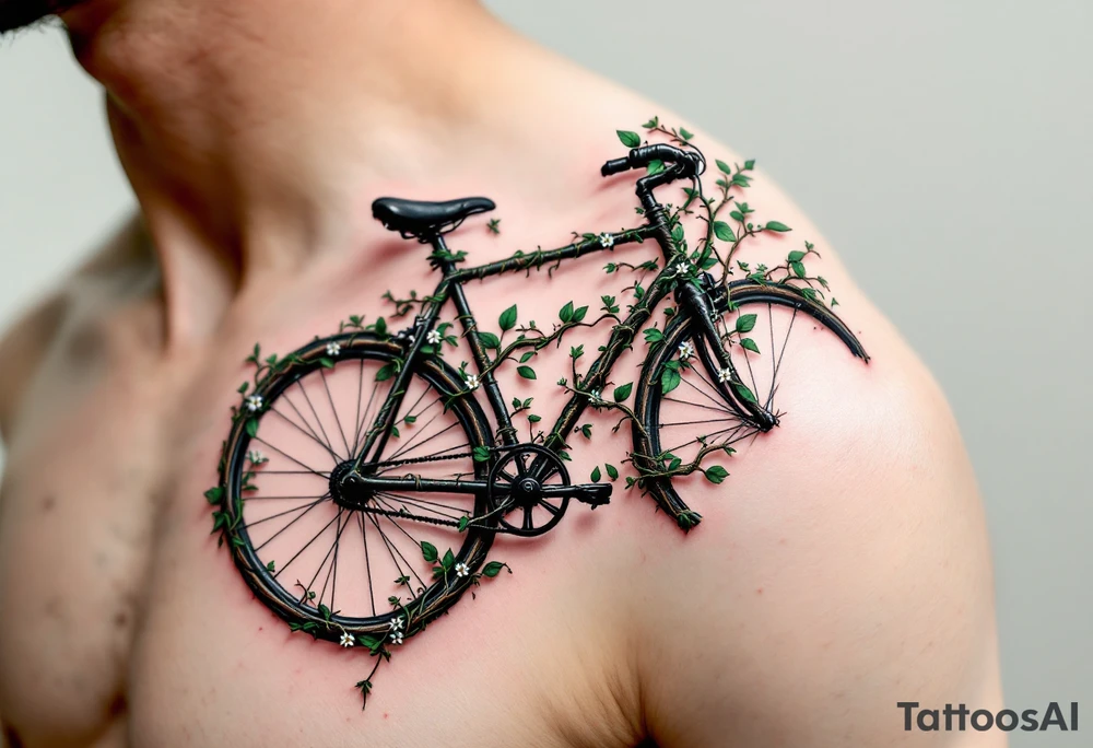 A bicycle with a handlebar made of twisted vines, with green leaves and small white flowers creeping around it, symbolizing growth and connection to nature. tattoo idea