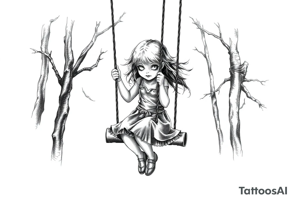 creepy little girl in the woods on a rope swing tattoo idea
