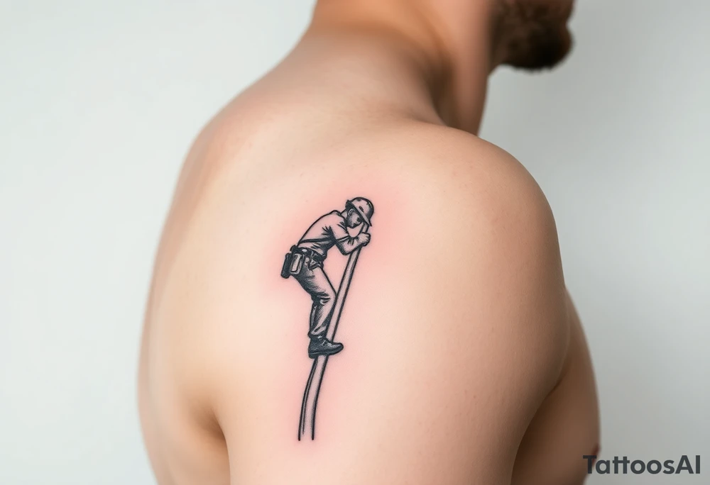 realistic tattoo of a power lineman climbing a wooden pole that fits on the inside of the forearm tattoo idea