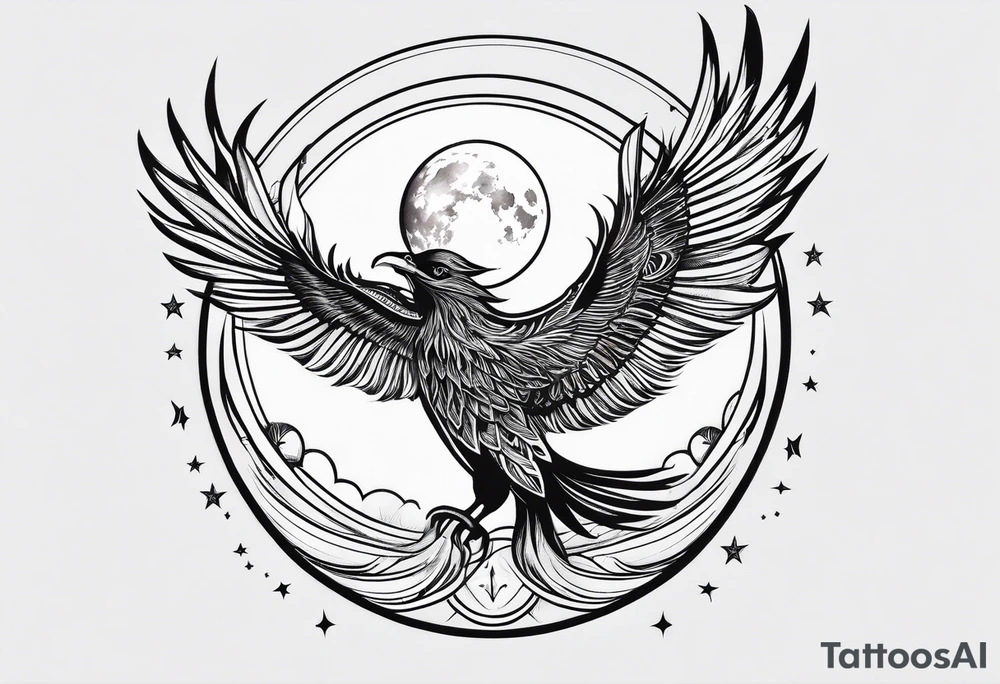 phoenix sur une lune bleu tattoo idea