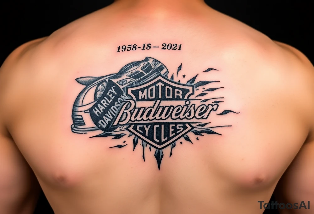 An arm tattoo with the original Dale Earnhardt car on it with the year 1958 to 2021 intertwined with a Harley-Davidson with a Budweiser logo on it tattoo idea