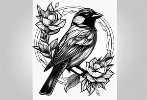 A dark sparrow with flowers in front of geometric shapes tattoo idea