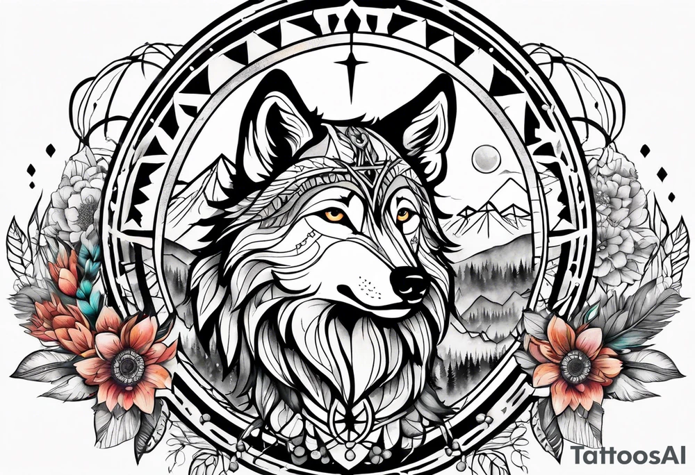 A whimsical wolf tattoo featuring mandala or dream catcher elements, with the wolf as the central focus, surrounded by mountains in the background. Include flowers and nature elements to fill the space around the wolf. Some color but not completely solid bold color tattoo idea