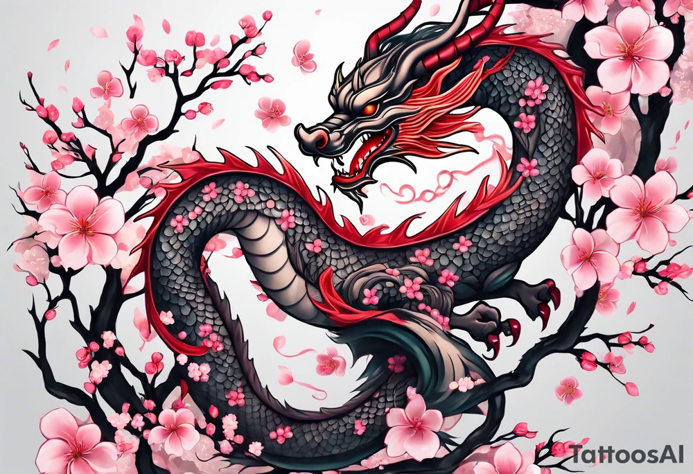 Delicate feminine simple dragon intertwined in cherry blossom, soft lines, soft dragon, pleasant dragon, beautiful cherry blossom tattoo idea