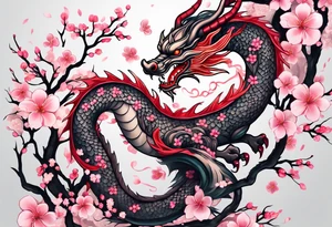 Delicate feminine simple dragon intertwined in cherry blossom, soft lines, soft dragon, pleasant dragon, beautiful cherry blossom tattoo idea