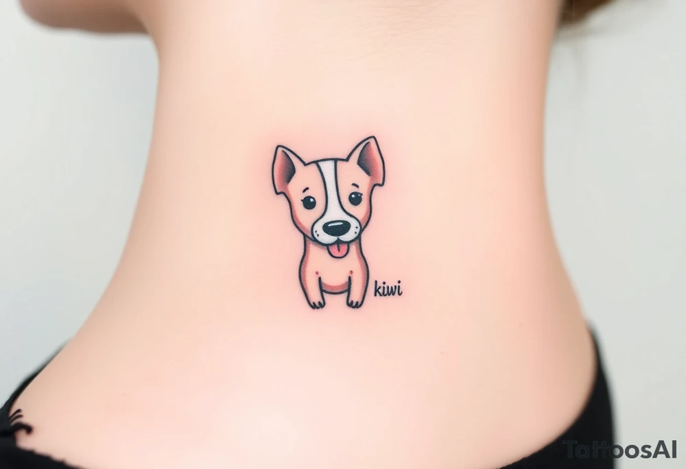 One line tattoo of female dog with white strip going up dog’s snout slightly off centered. With  the dogs tongue slightly out and the name kiwi tattoo idea