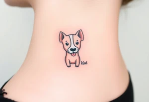 One line tattoo of female dog with white strip going up dog’s snout slightly off centered. With  the dogs tongue slightly out and the name kiwi tattoo idea