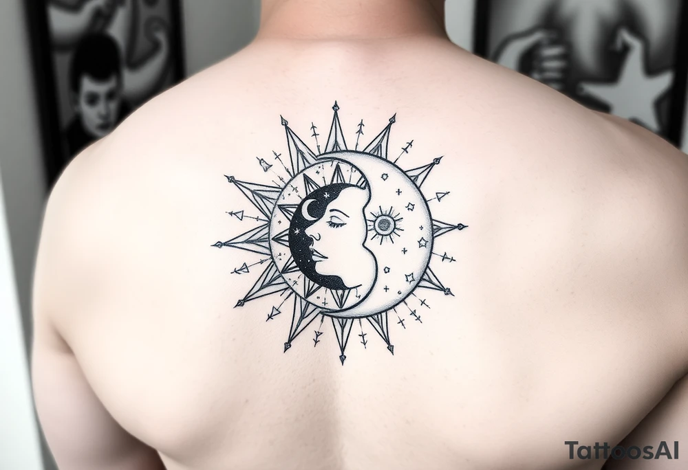 celestial sun and moon embrace with constellation patterns tattoo idea