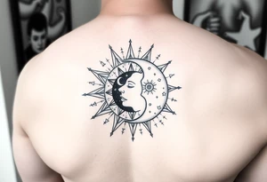 celestial sun and moon embrace with constellation patterns tattoo idea
