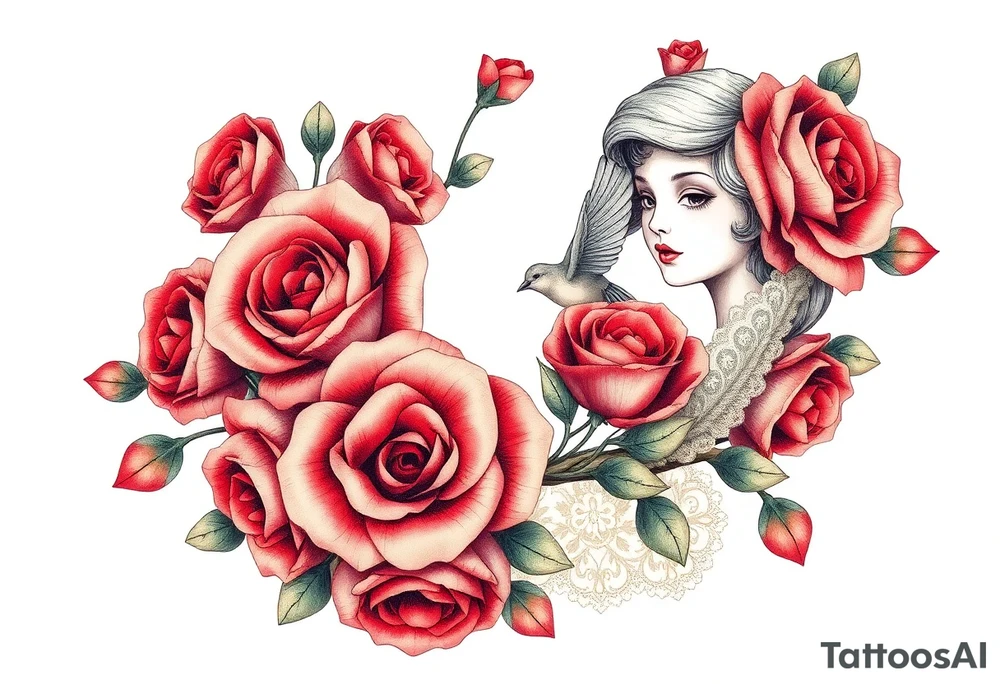 Vintage dollies, red roses, lace, red bird, no people, vintage tattoo idea