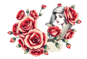 Vintage dollies, red roses, lace, red bird, no people, vintage tattoo idea