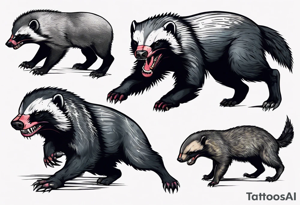 Angry, snarling, detailed full-length honey badger with numerous cuts tattoo idea