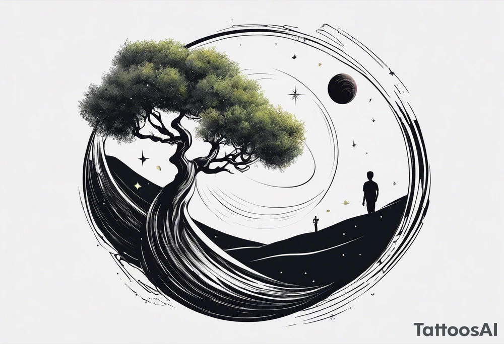 An olive tree in a black hole  with a small Saturn-like planet in in the background. tattoo idea