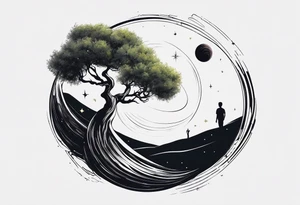 An olive tree in a black hole  with a small Saturn-like planet in in the background. tattoo idea