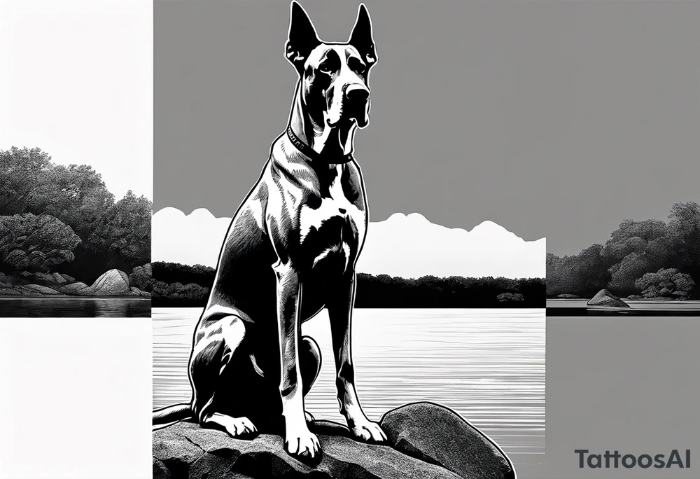 Arm sleeve for man with Great Dane (Full Tuxedo Color and floppy ears) standing proudly chest up on a rock in front of a body of water tattoo idea