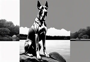 Arm sleeve for man with Great Dane (Full Tuxedo Color and floppy ears) standing proudly chest up on a rock in front of a body of water tattoo idea