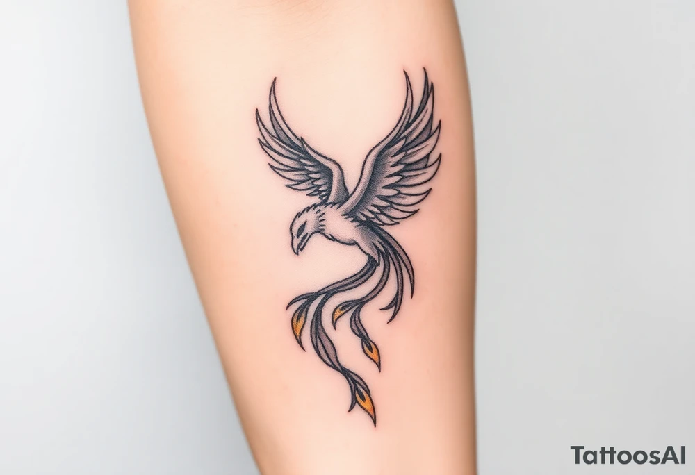 magnificent phoenix rising from golden flames with trailing embers tattoo idea