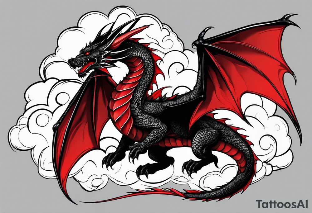 Black and red dragon with a danger tail. In the clouds with lightning. tattoo idea